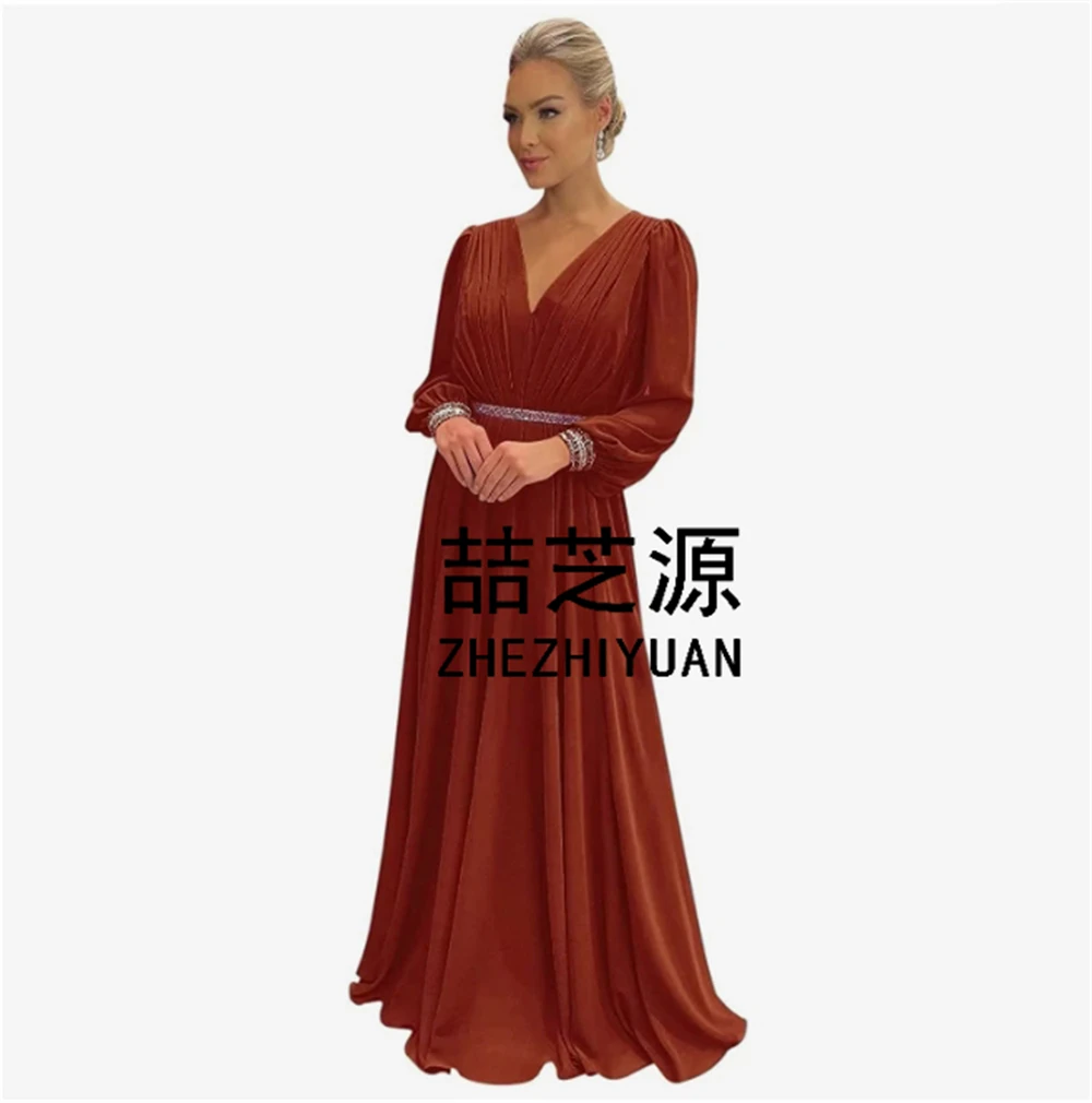 

Vintage A-Line Deep V-neck Beading Full-Length Custom-Made Long Sleeve Wedding Party Dress Elegant Dress For Mother Of The Bride