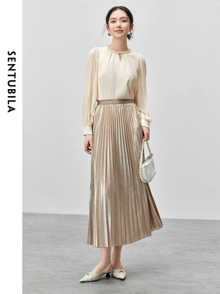 SENTUBILA Women French Hollow Out Blouse Autumn Chiffon Straight Woven O Neck Lantern Sleeve Tops 143V56037
