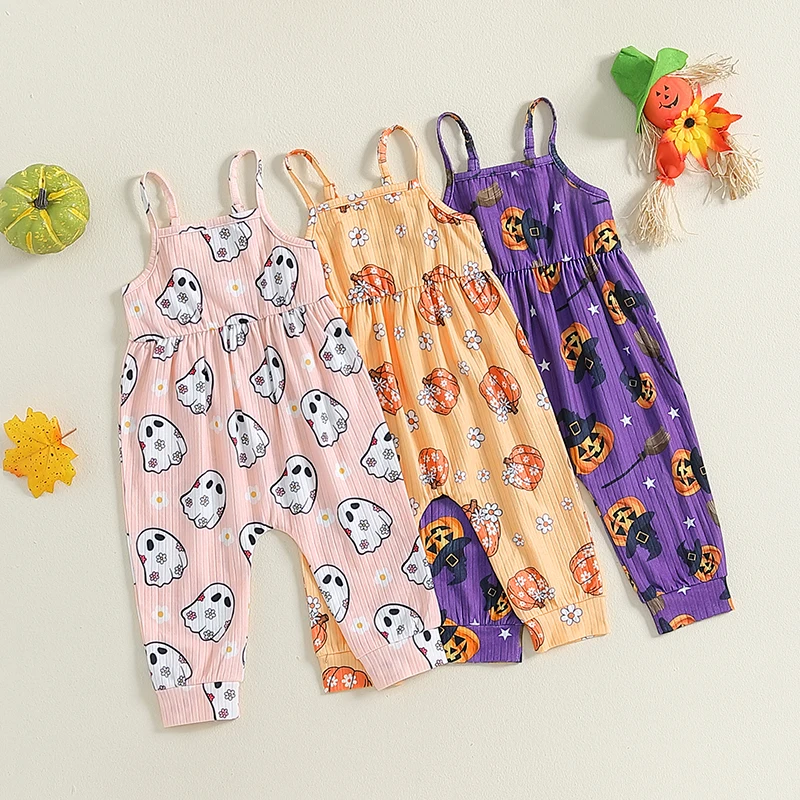 Focus norm 0-3y Baby Baby Stram pler Halloween Ghost/Kürbis Print ärmellose Spaghetti träger Kleinkind Overalls – Detail 9