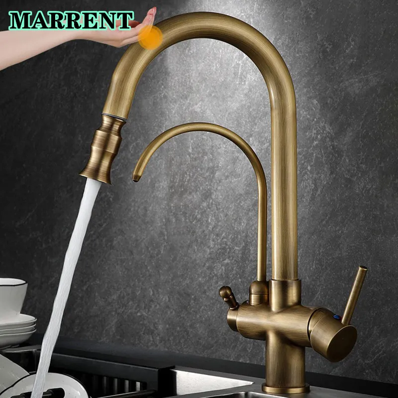Luxury Touch Kitchen Faucets Three Ways Pull Out Filter Kitchen Mixer Tap Hot Cold Drinking Water Tap Antique Touch Kitchen Taps