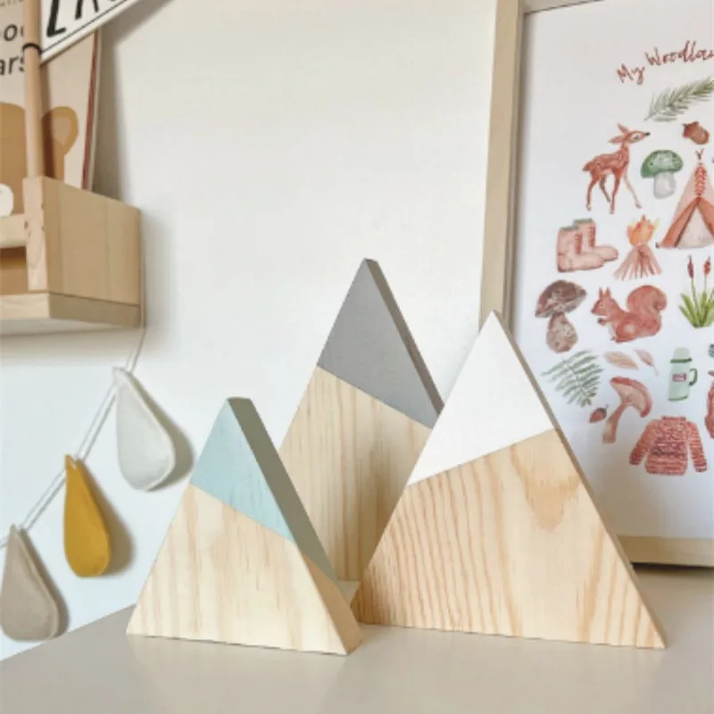

3pcs/set INS Snow Mountain Wooden Ornaments Wood Triangle Desktop Miniature Figurine Home Crafts Nordic Baby Nursery Photo Props