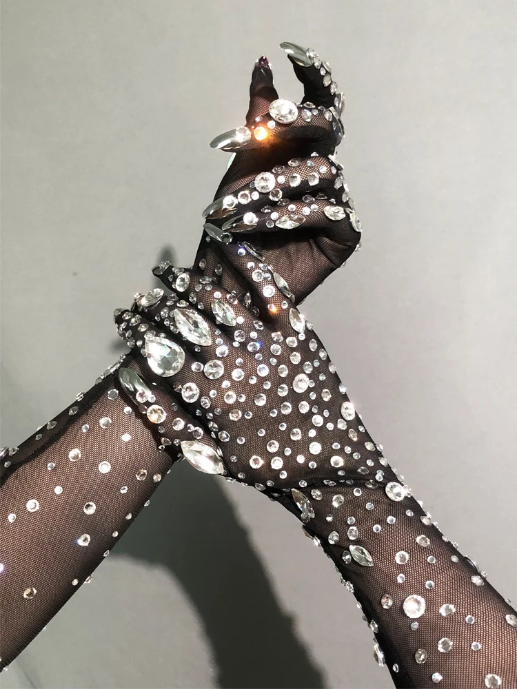 Mesh Gloves Shining Crystals Stones Long Mittens Rhinestones Stretch Transparent Bar Singer Party Stage Wear Accessories-rhinestones gloves