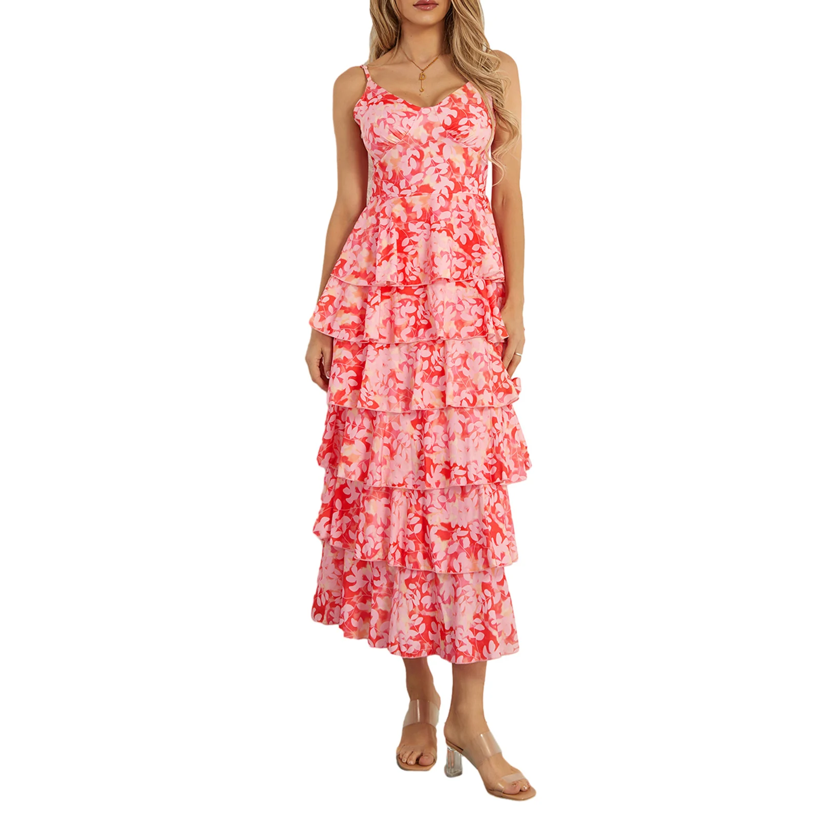 

Women Tiered Ruffle Long Dress Floral Print V-Neck Sleeveless Cami Dress Summer Adjustable Spaghetti Strap Party Dresses