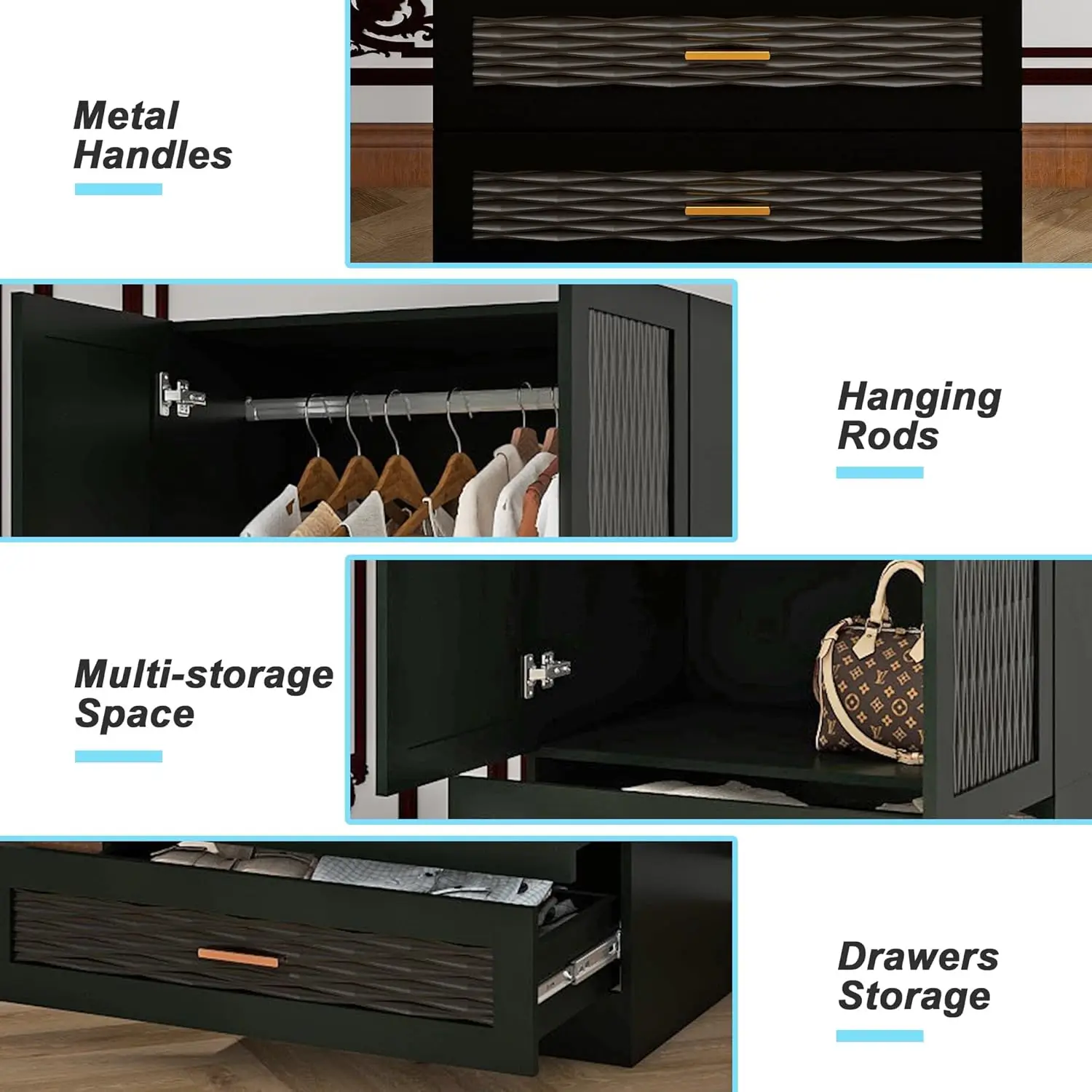 Wood Armoire Wardrobe Closet with Mirror, Storage Cabinet Bedroom Freestanding Wardrobe Combination for Hanging , Black 70.47”H 6