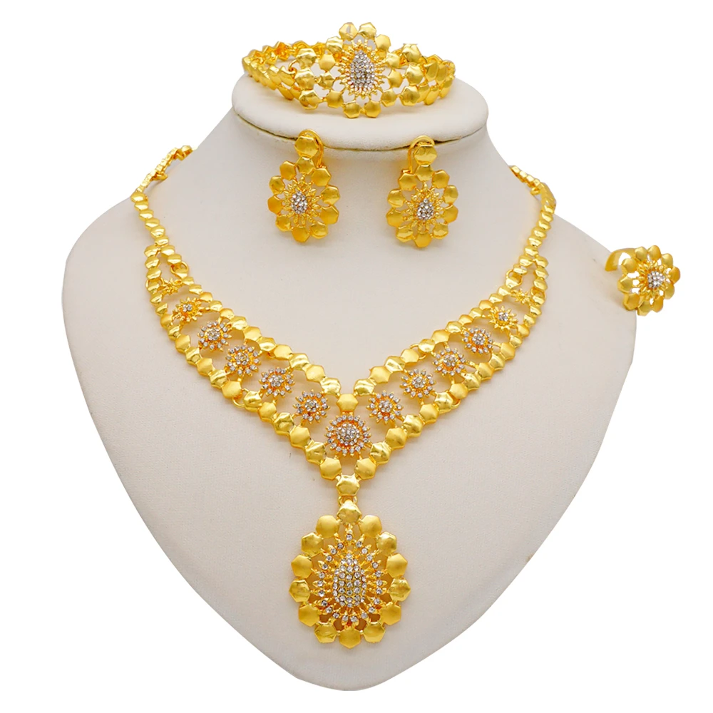 red american diamond necklace set Ethiopia Dubai 24K Gold Color Jewelry Sets For Women Luxury Necklace Earrings Bracelet Ring India African Wedding Gifts earrings and tikka set under 200