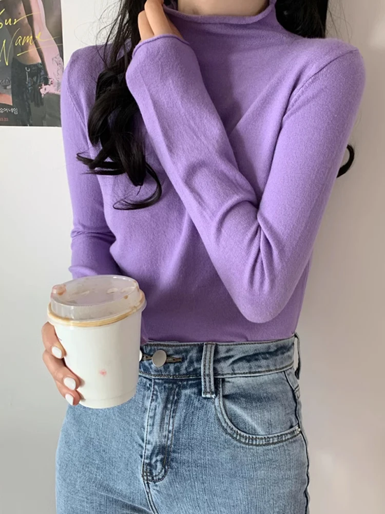 

Элегантные облегающие пуловеры с воротником-стойкой, вязаная женская нижняя рубашка для офиса, однотонные базовые Повседневные пуловеры с длинным рукавом для женщин