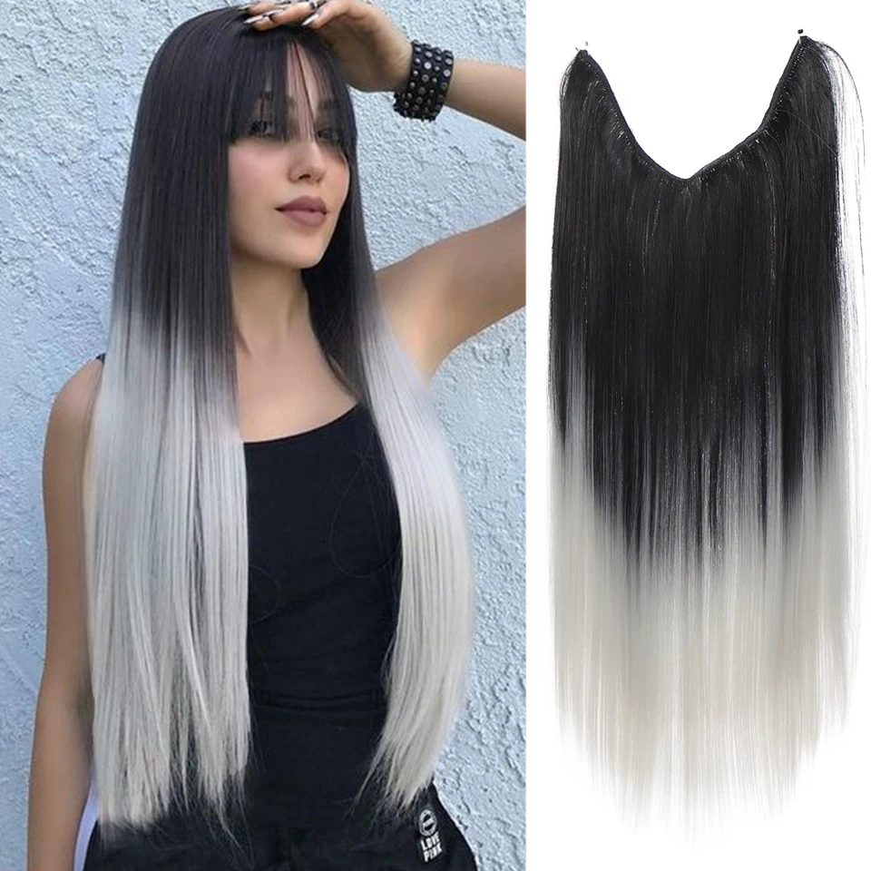 Synthetesch ouni Clip onsichtbar Stol Drot Hoerverlängerung glat Hoer schwaarz gradient gro integréiert synthetesch Perück Hoerverlängerung_voghion.com