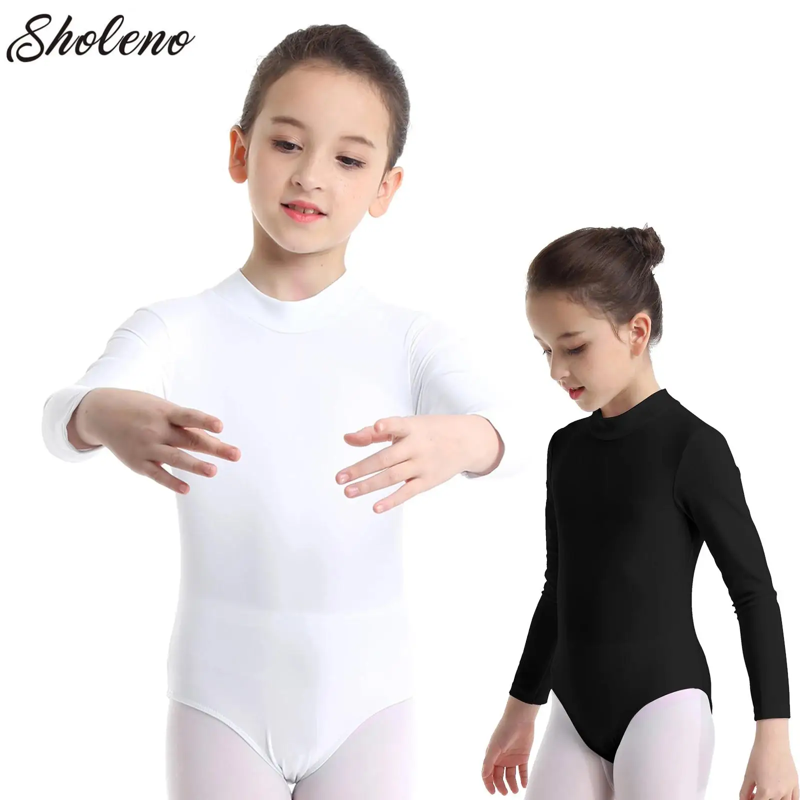 Kids Long Sleeve Ballet Bodysuit Leotard White Girls Ballerina Dance Costume