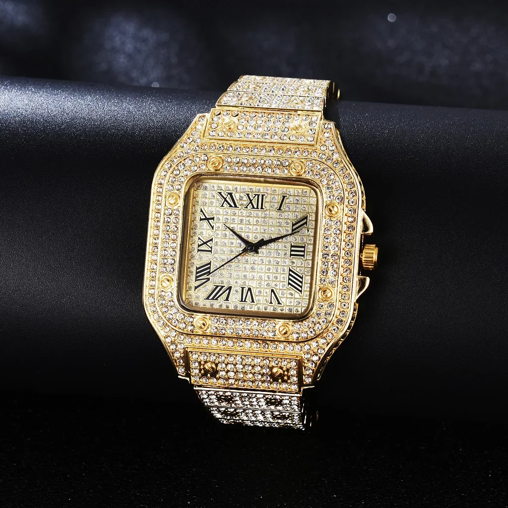Luxury Moissanite Iced Out Watches, Hip Hop Bust Down Unisex Diamond Watch, Stainless Steel Moissanite Studded Wrist Watch 7