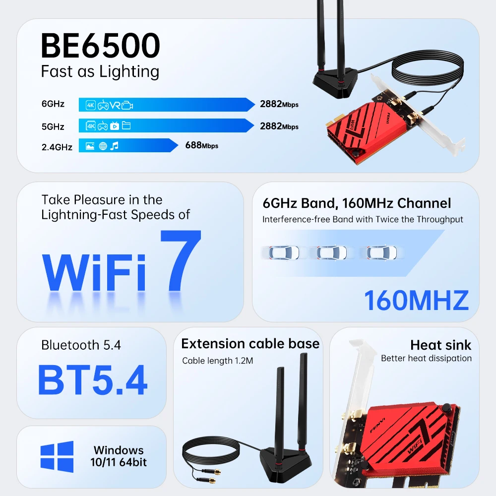 WiFi 7 무선 PCIe 어댑터 5400Mbps 트라이 밴드 6GHz/5GHz/2.4GHz 블루투스 5.4 네트워크 카드(PC 데스크탑용, Windows 10/11)