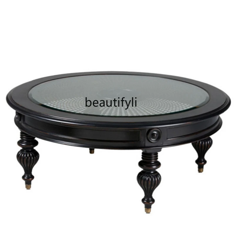 

LBX American Solid Wood round Coffee Table Black Cut-out Rattan Small Apartment Living Room Glass Coffee Tea Table