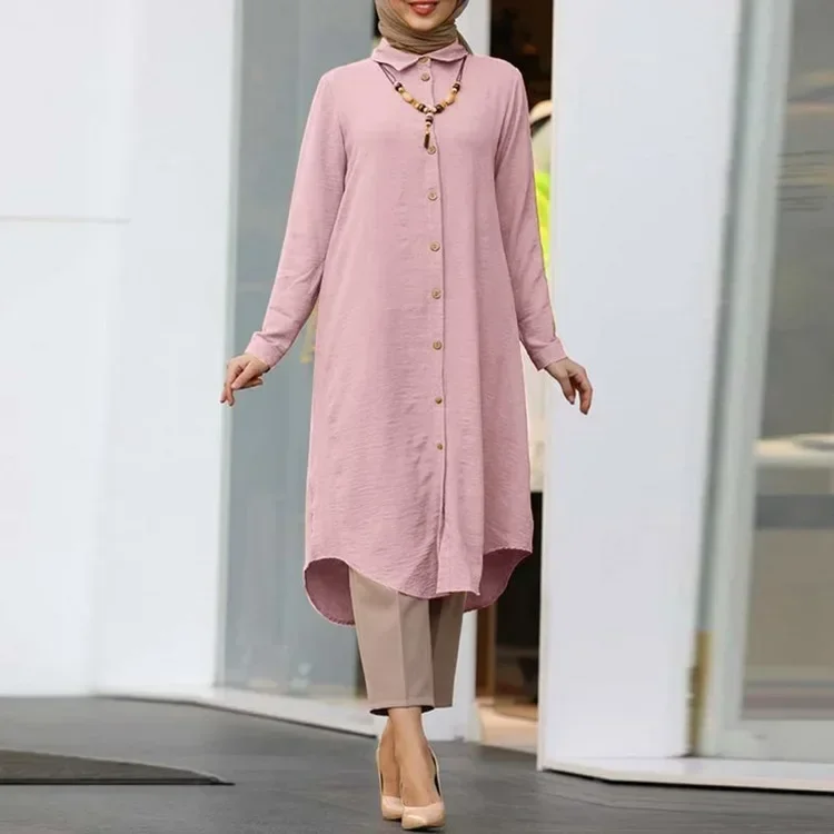 Muslim Solid Mid-Length Shirt Dress for Women Dubai Abaya Fashion Single-Breasted Long Shirt Top Turkey Arab Islam  Muslim Tops