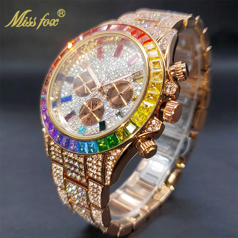 MISSFOX hommes montres de luxe grand boîtier avec Baguette plein diamant Quartz montre-bracelet chronographe calendrier montre_voghion.com