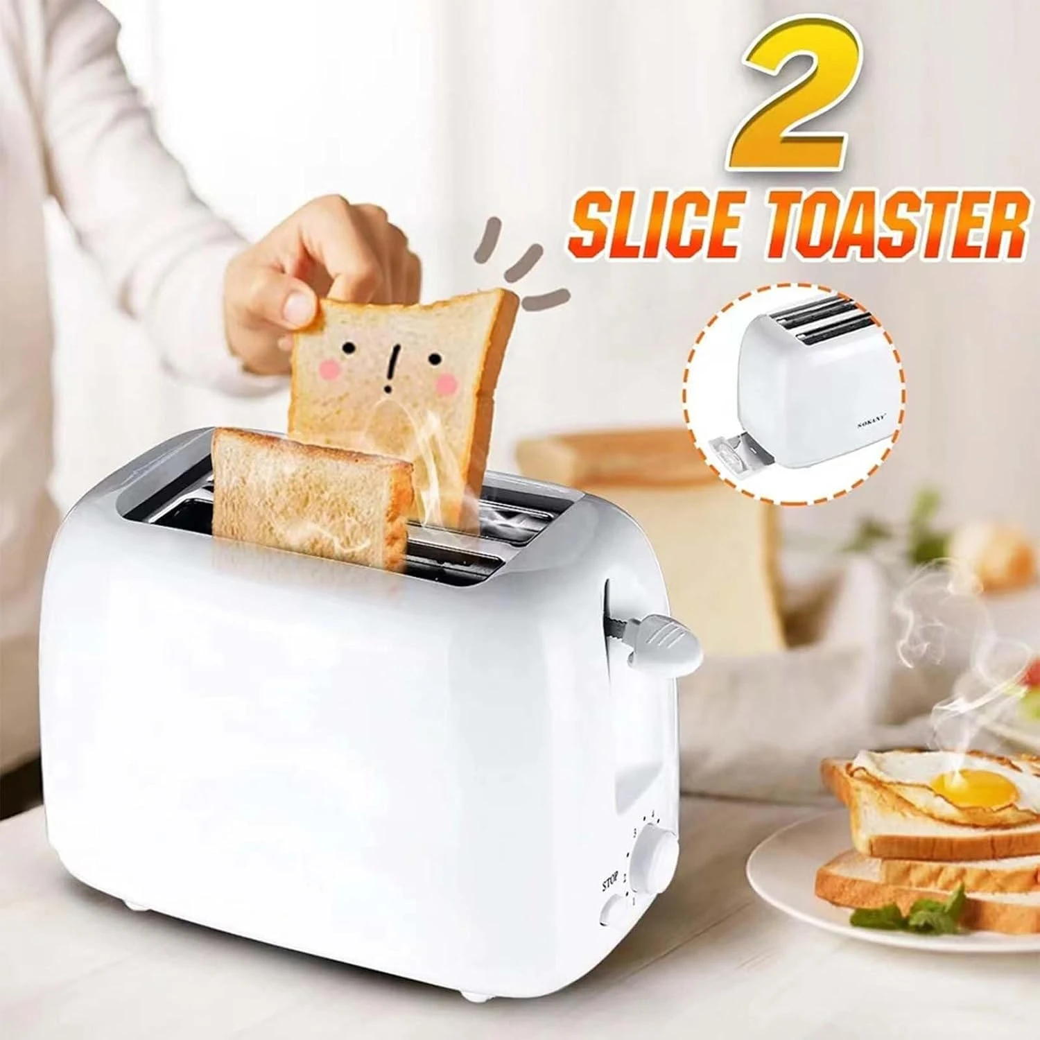 Retro 2 Slice Bread With 6 Functions Stainless Steel Removable Smart White 2 Slice Wide Slot Vintage Removable Crumb Tray