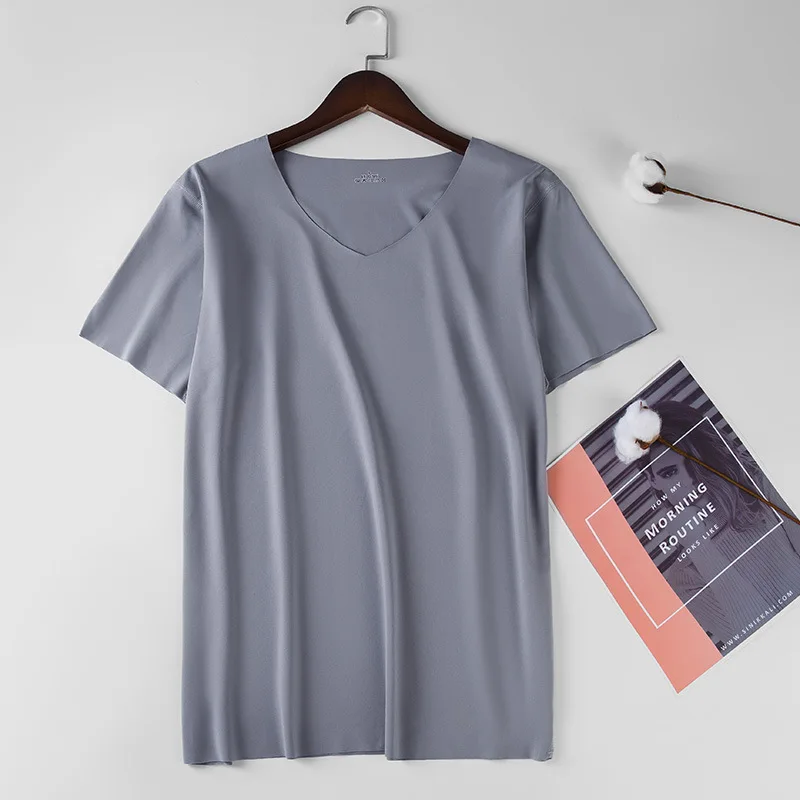thumbnail image 1 of Camiseta de hombre, camiseta de seda de hielo, camiseta sin costuras, camiseta ajustada de gran tamaño, manga corta, cuello en V, camiseta de primavera y verano 2022, 1 of 5