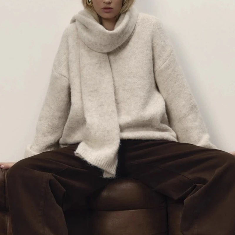 2025 New Soft Loose V Neck Knitted Sweaters Women Winter Solid Female Pullovers & Scarf Warm Basic Knitwear Jumper