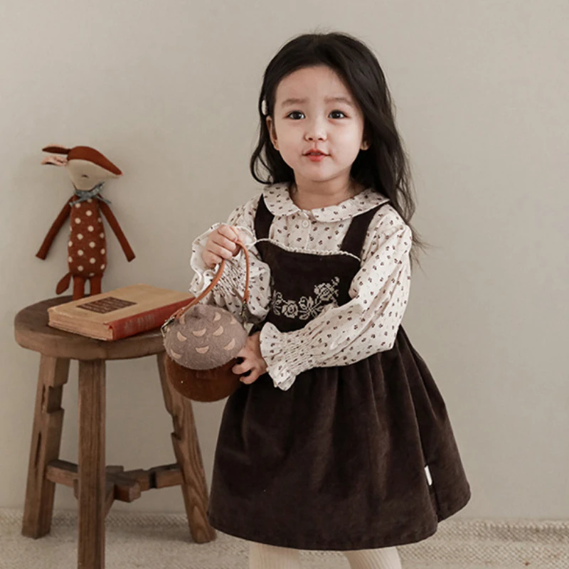 

Girls Dress Floral Long Sleeve Turn-down Collar Blouse Casual All-match Dress 2023 Spring Autumn New Lovely Sweet Girls Clothes