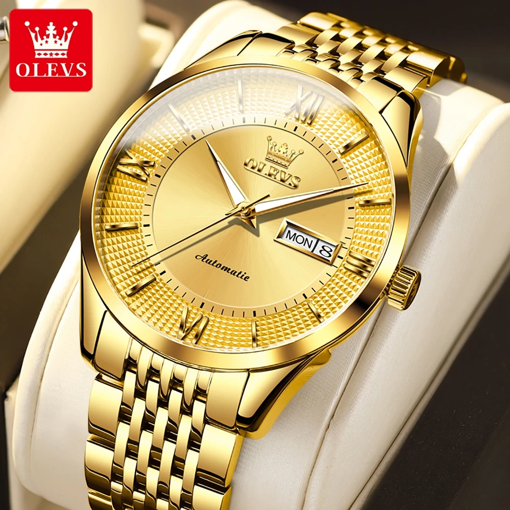 

OLEVS Original Watch for Men Automatic Mechanical High Quality Waterproof Men‘s Simple Business Gold Wristwatches Week Date Gift