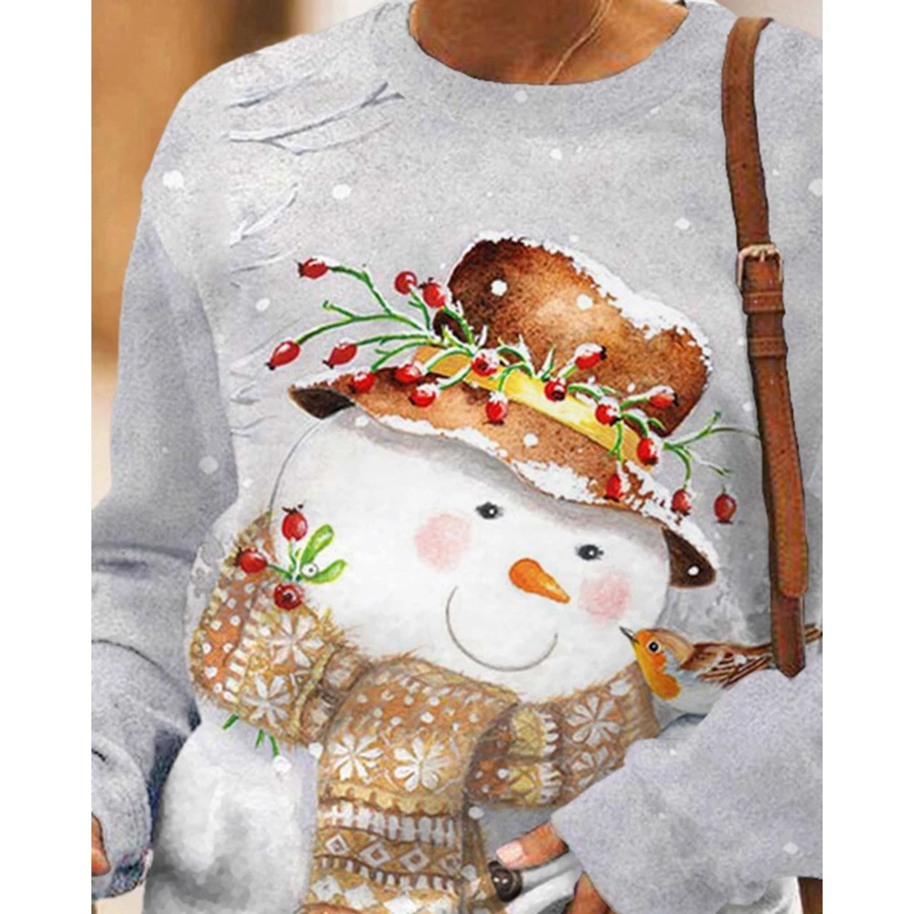 Christmas Women Snowman Print O-Neck Sweatshirt Casual Long Sleeve Pullover Basic Tee Tops Spring Daily Korean Style Clothes Y2k
