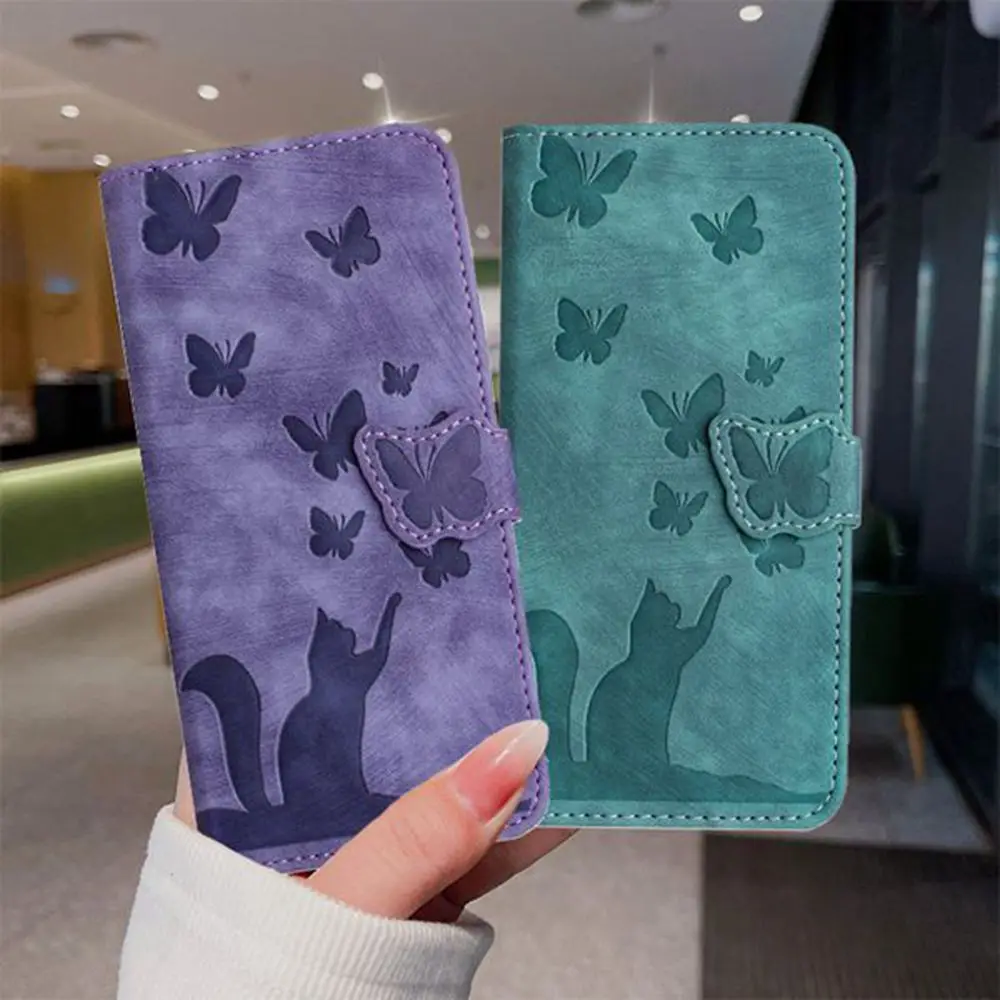 Elegant 3D Cat & Butterfly Leather Wallet Flip Case with Back Cover