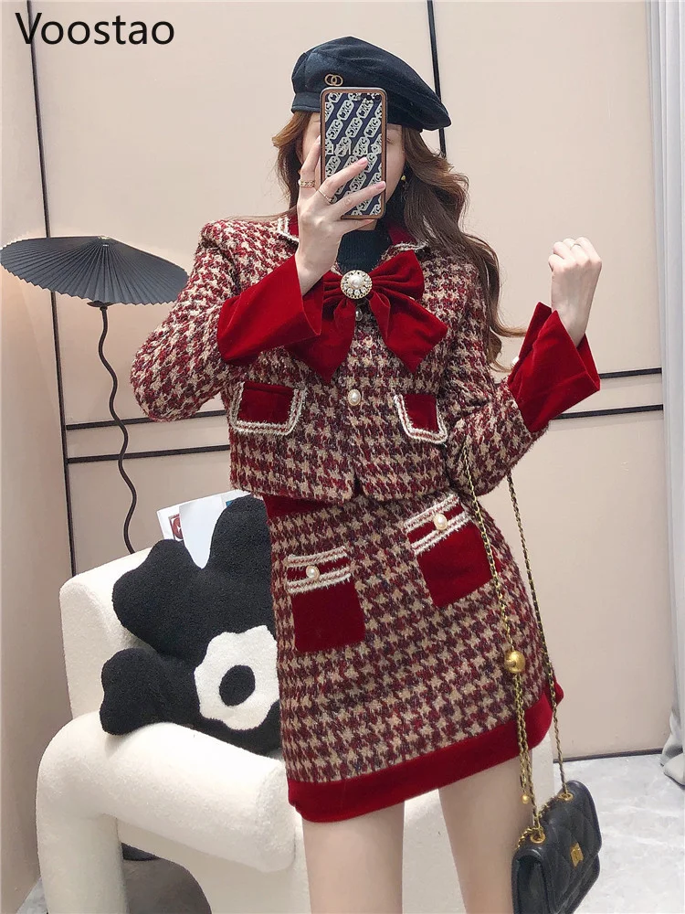 

Autumn Winter Elegant Tweed Plaid Skirt Sets Women Sweet Chic Pearl Bow Woolen Jackets Mini Skirts Suit Korean Female Outfits