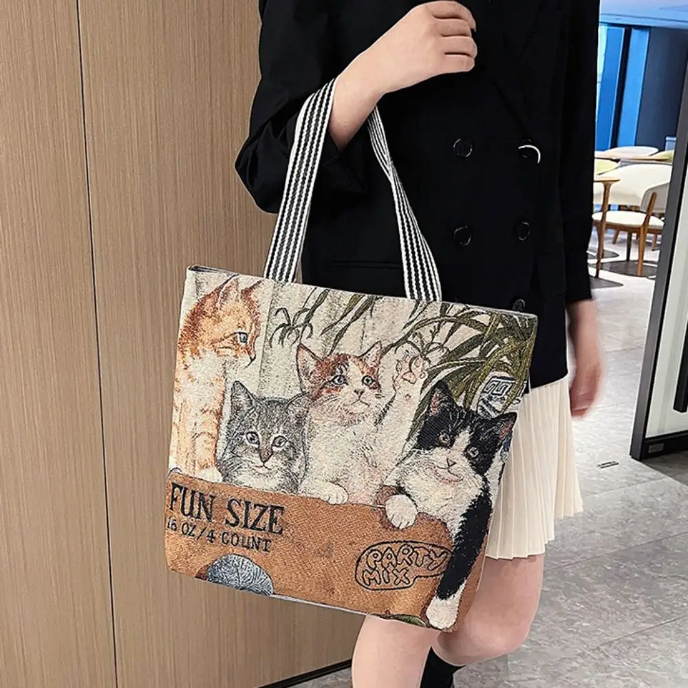 Embroidery Ethnic Style Handbag Trendy Dog Canvas Animal Shoulder Bag Handbag Tote Bag Cute Cat Cloth Bag Travel