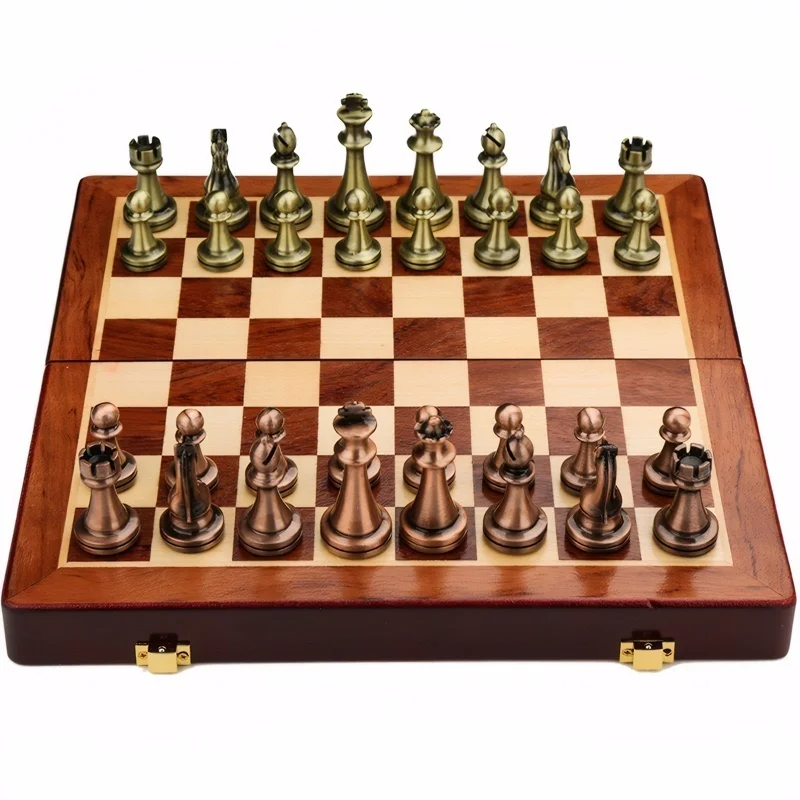 High End Chess Set 30cm/11.8inch Antique Bronze Foldable Solid Wood Box Alloy Weighted Chess Pieces Christmas Holiday Gift