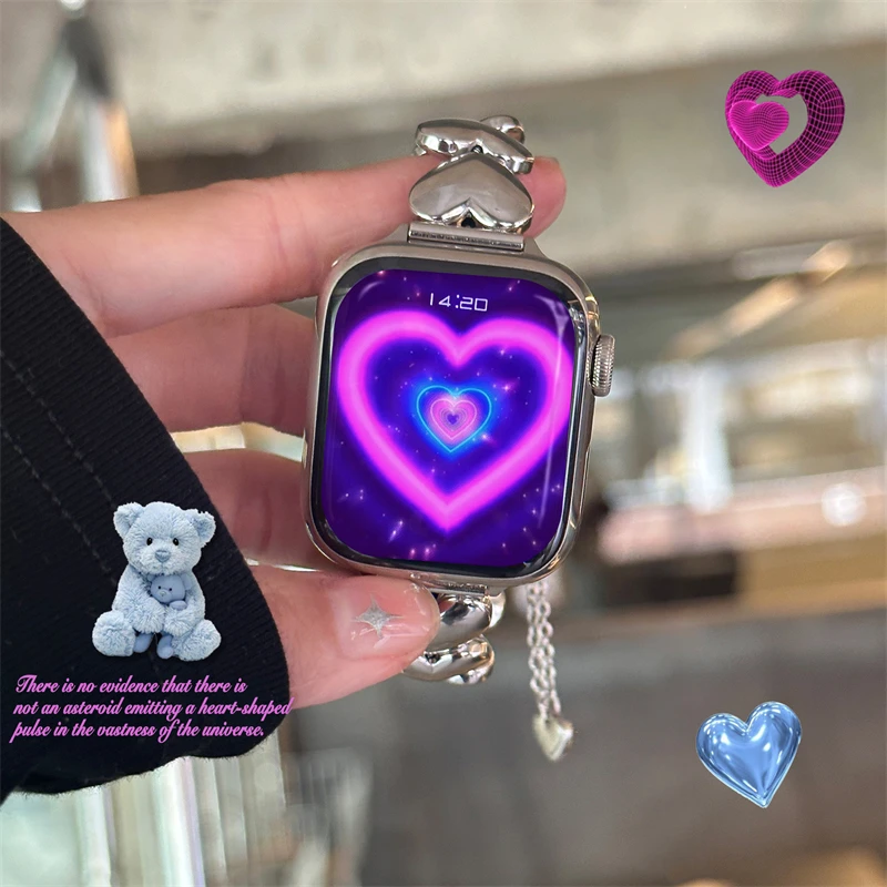 

Y2k Silver Love Heart Stainless Steel Strap For Apple Watch 41mm 49 40mm 44 45 38mm Girl Metal Band For iWatch Series 8 7 SE 6 5