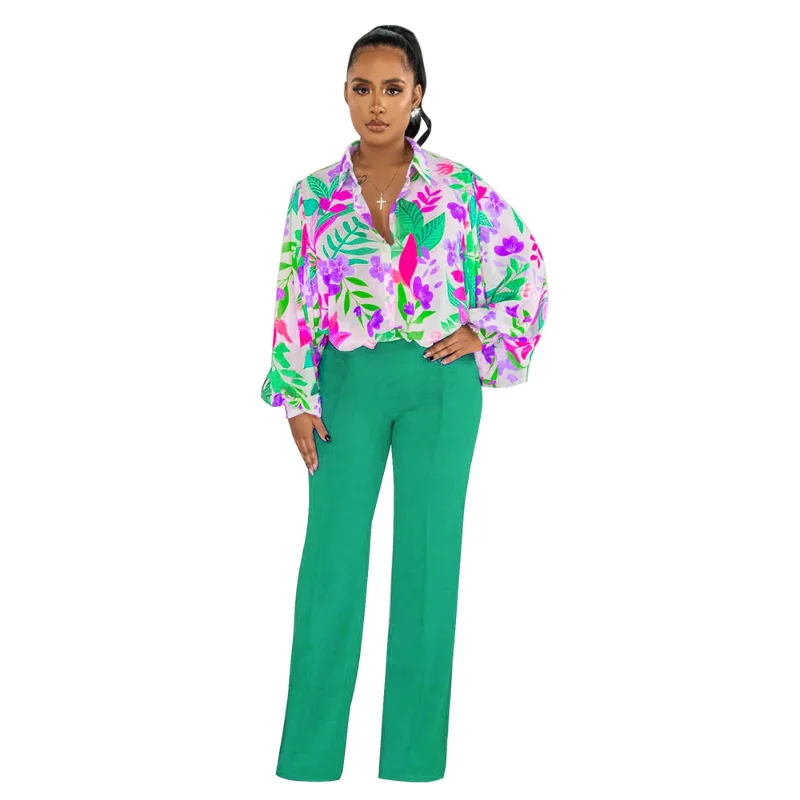 Fashion Chic Women Pants Set Floral Print Lantern Sleeve Shirt Wide Leg Pants Suit 2023 Summer Two Piece Set Outfits Tracksuit summer men s clothing t shirt set fashion short sleeve shorts outfit simple vintage tracksuit oversized chic hip pop sportswear