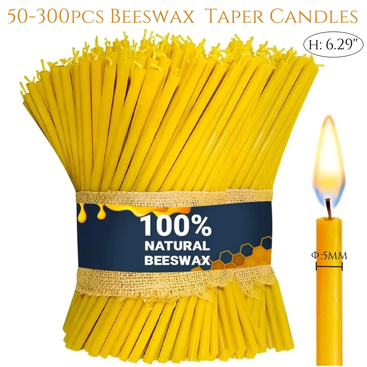 5 Pack 100% Pure Beeswax Taper Church Candles - Natural Honey Scent, 11 Inch (28cm), Hand-Dipped, Smokeless