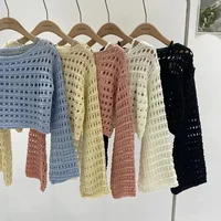 2024 Y2K Long Sleeve Crochet Knit Top Summer Beach Bikini Cover Up Crop Pullover Wool Knitwear Blouse Women Vacation Boho Outfit