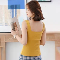 Women's Ribbed Knit Crop Top With Chest Pad One Piece Square Neck Sleeveless Tank Top With Bulit In Bra - Image 3