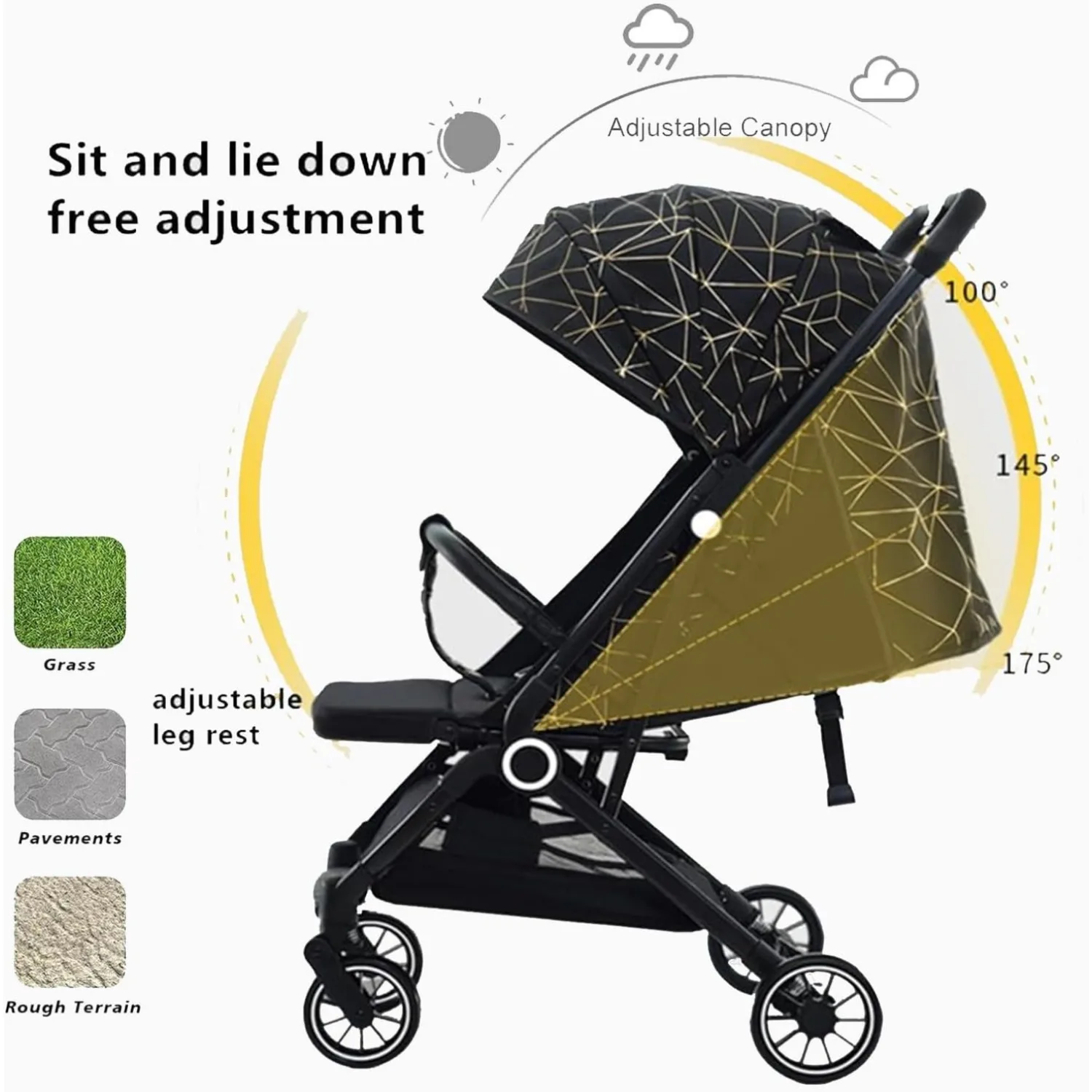 Baby Stroller Lightweight Baby Stroller with Large Canopy Double Brake Travel Stroller for Airplane One-hand Folding Sit and Lying