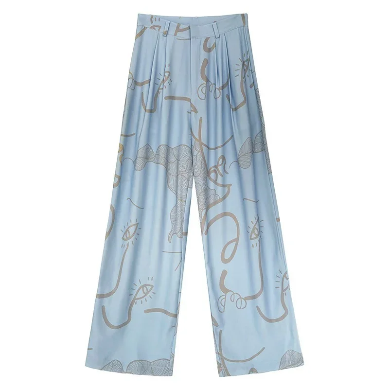 Women Summer Loose Wide-leg Pants Graffiti Printed Ice Silk Trousers Blue High Waist Drape Satin Mopping Pants Women 2024 Summer