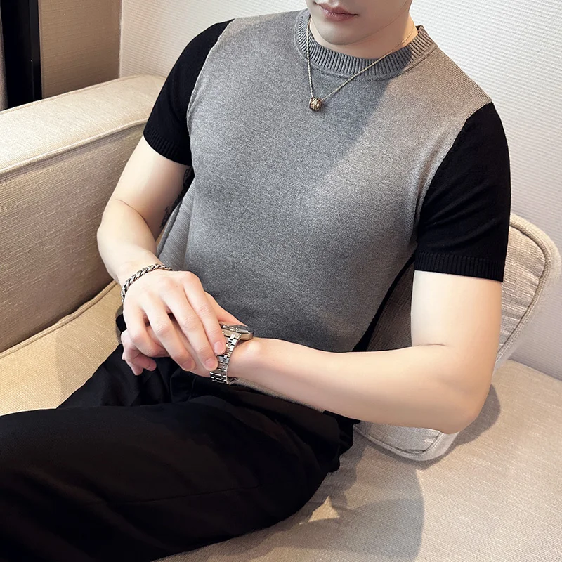 

Мужской повседневный трикотажный свитер с коротким рукавом, модные облегающие вязаные пуловеры в двух цветах, лето