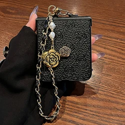Korean Luxury Black Rose Case with Pearl Flower Accents and Leather Chain for Motorola Razr 70 (A)