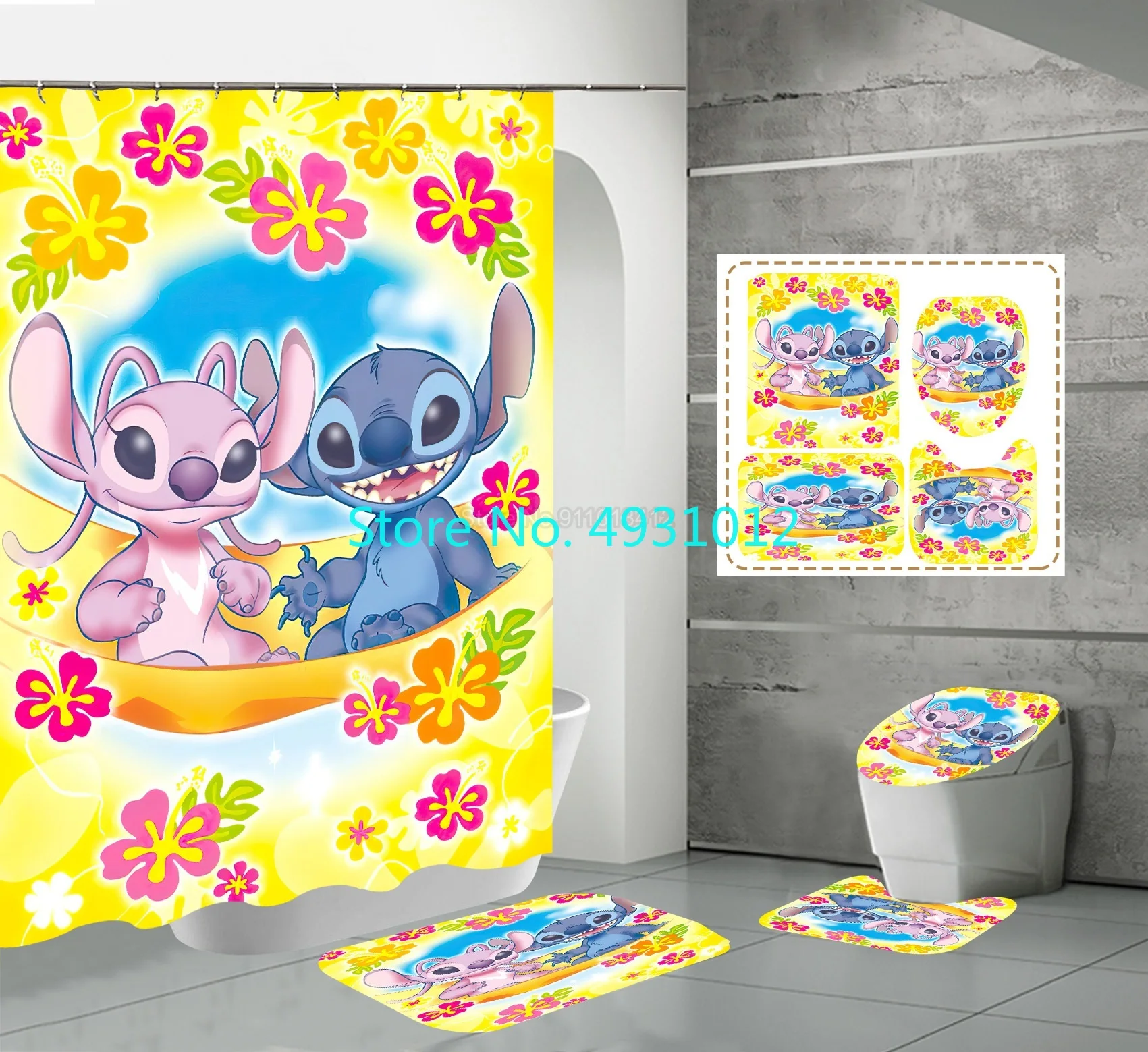 

Catoon 3D Luxury Stitch Bathroom Curtains Non-slip Mat Set Waterproof Funny Shower Curtain Pedestal Toilet Cover Bath Mat Rug