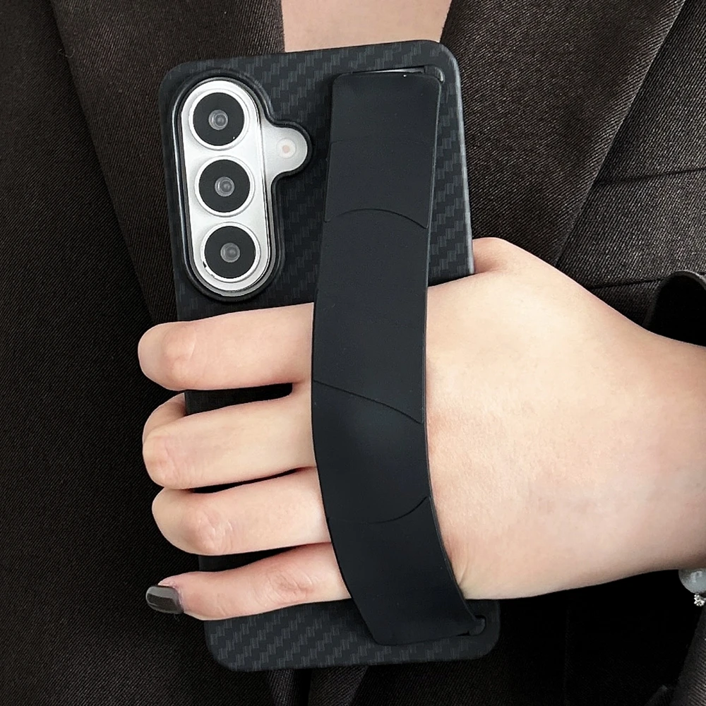 Carbon Fiber Pattern Silicone Wrist Strap Shockproof Phone Case - Hard Back Cover