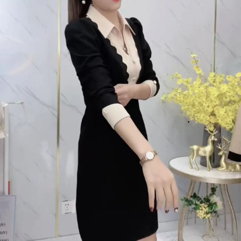 Abito con colletto a camicia piccolo da donna in autunno e inverno Nuova gonna di media lunghezza attillata in vita sottile 3