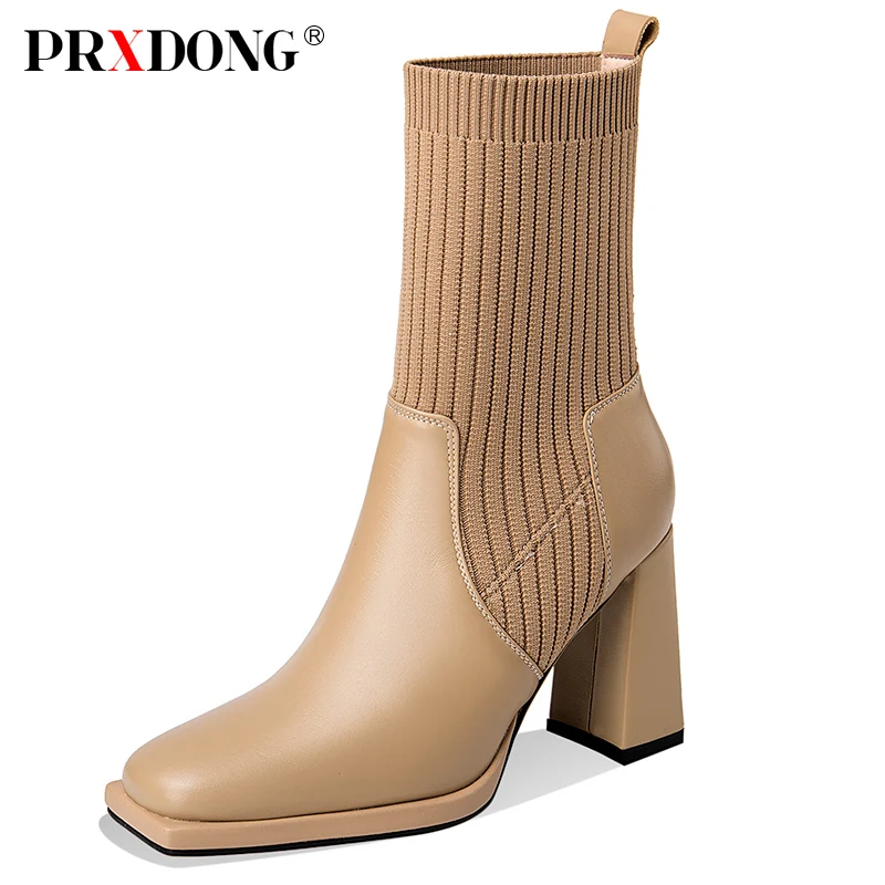 

PRXDONG Women's Shoes 2023 Fashion Genuine Leather Square High Heels Platform Black Apricot Dress Party Office Lady Ankle Boots