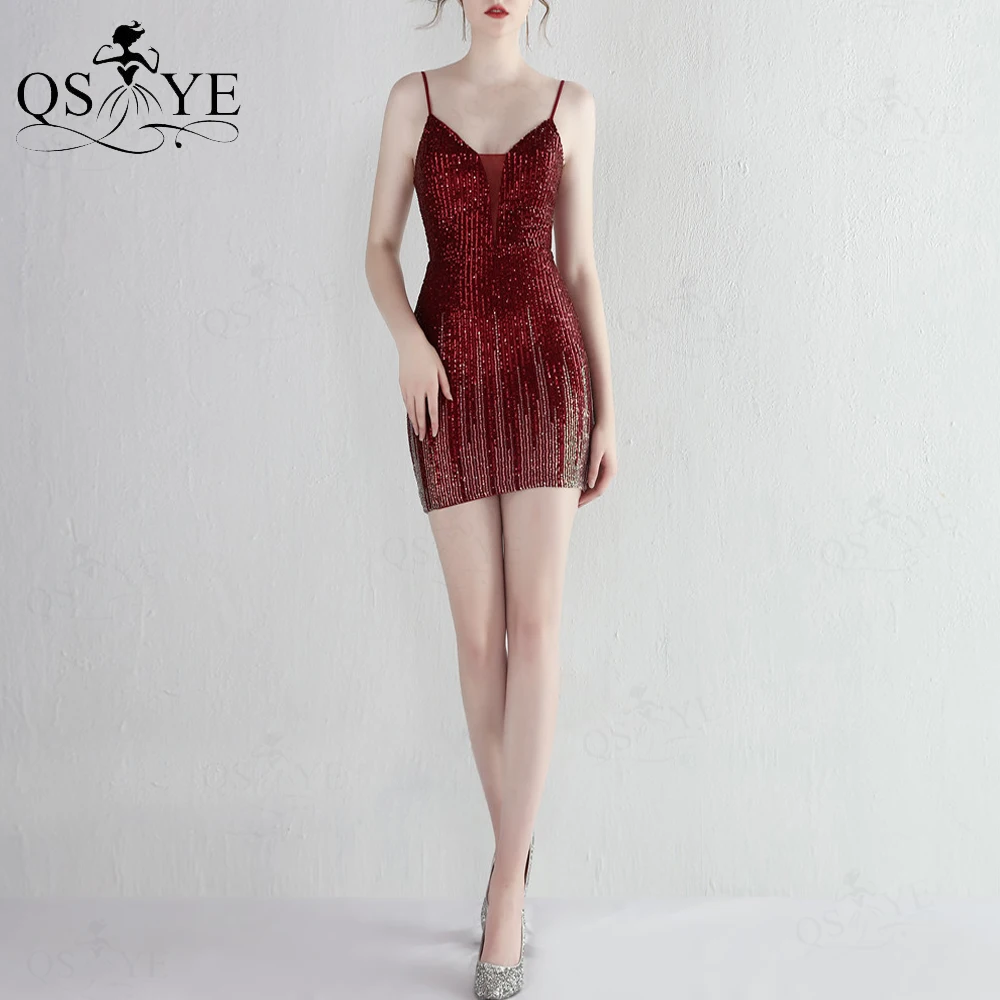 Fading Burgundy Cocktail Dresses Sparkle Sequin Spaghetti Straps Prom