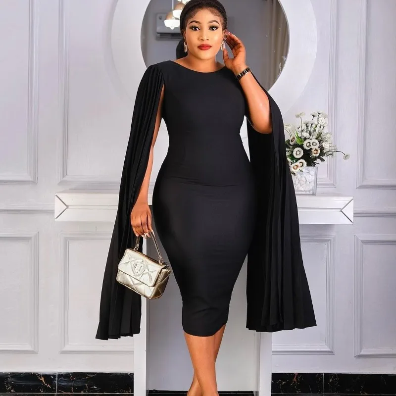 

2024 New Fashionable Women Bodycon Dress Party Cloak Pleated Sleeves Sheath Christmas Celebrate Homecoming African Female Gowns