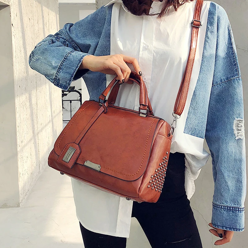 Vintage Rivet Handbags PU Leather Women Bag Sequined Shoulder Bag Designer Women Leather Handbags Luxury Ladies HandBag