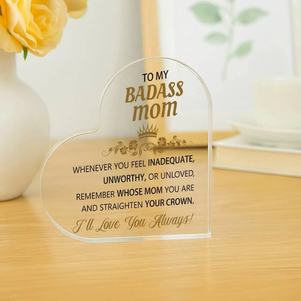 Custom Heart-Shaped Acrylic Keepsake for Mom – Elegant Desk Decor & Gift