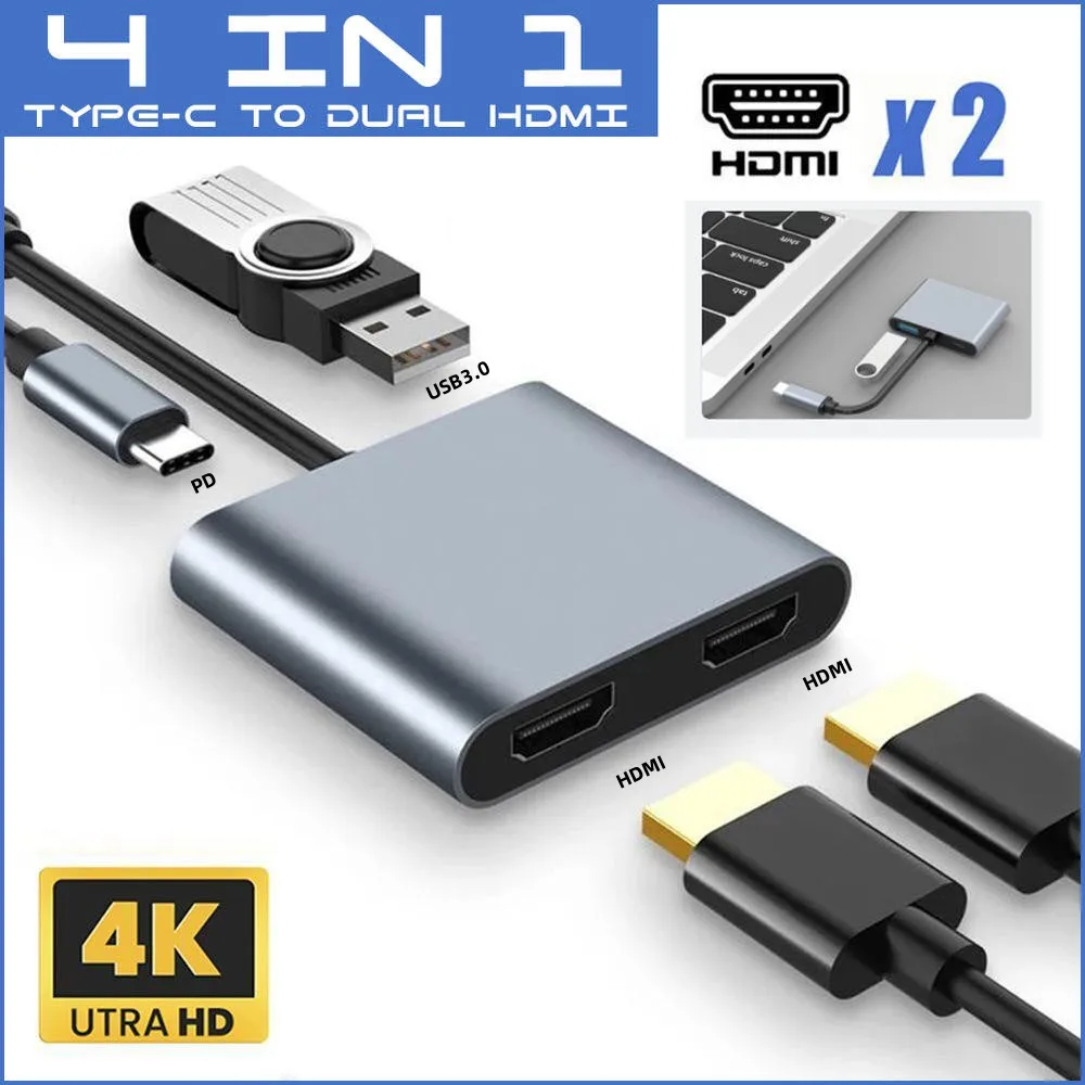 

4 в 1 адаптер Type-C на два Hdmi экрана расширения USB3.0 высокоскоростной концентратор 4k проекция многоэкранный дисплей док-станция