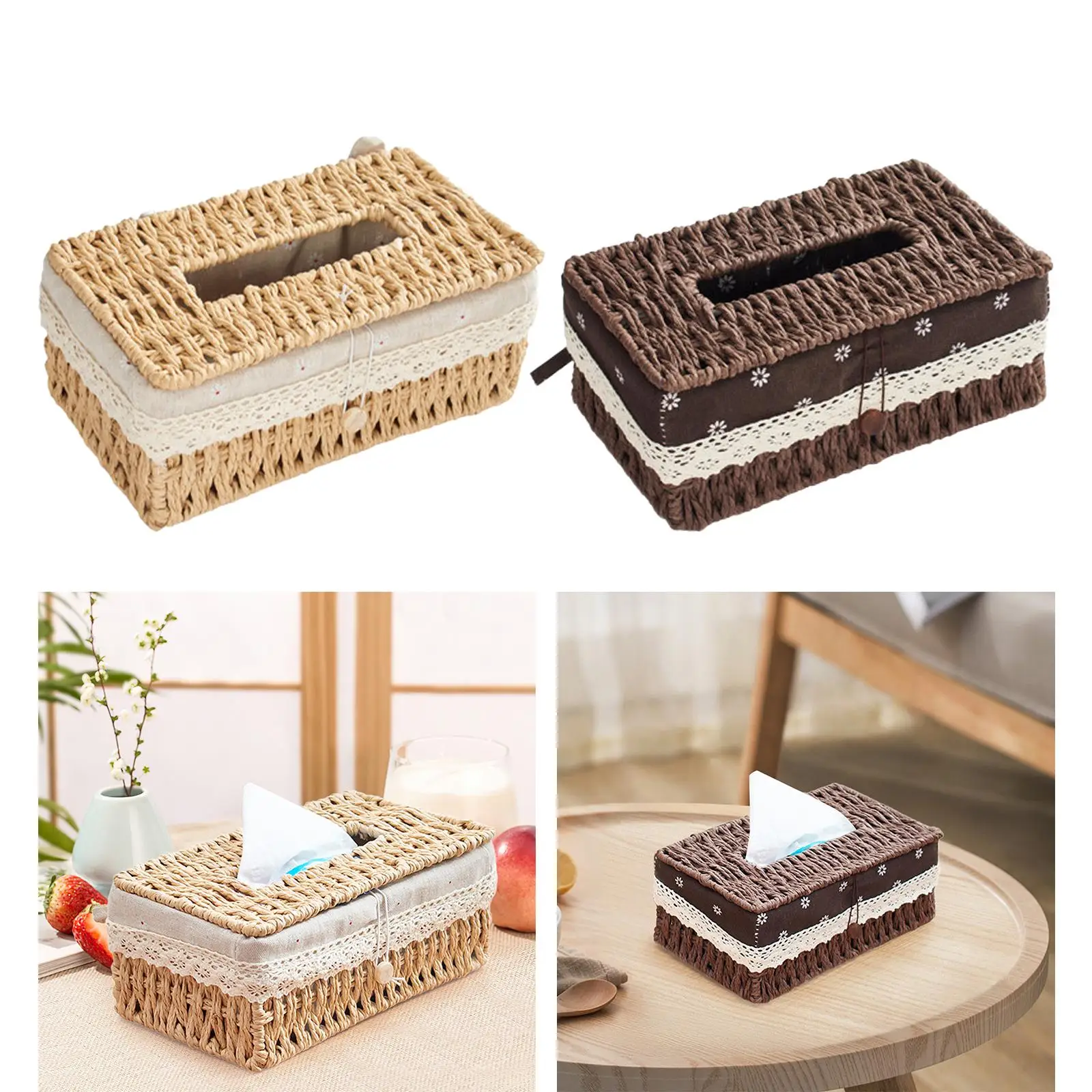 Hand Woven Tissue Box Cover Desk Organizer Dining Table Facial Napkin Holder 3
