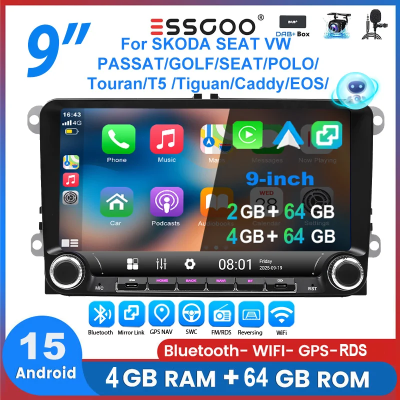 Autoestéreo ESSGOO Android15 9" 4+64 GB para VW Golf 5 6 Plus Touran Caddy Jetta Passat Polo Navegación GPS Bluetooth RDS FM WiFi CarPlay Inalámbrico Android Auto 2+32 GB Control de Volante Pantalla Táctil Mirror Link 1
