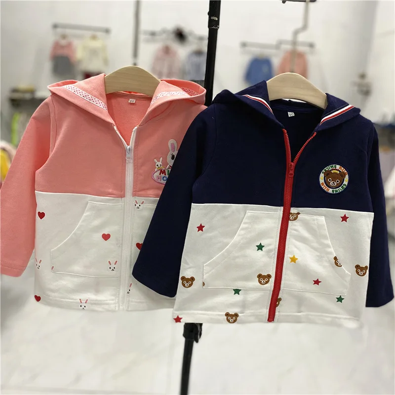 

Кардиган с капюшоном для мальчиков и девочек, кардиган на молнии с вышитым рисунком медведя и маленького кролика, весна-осень