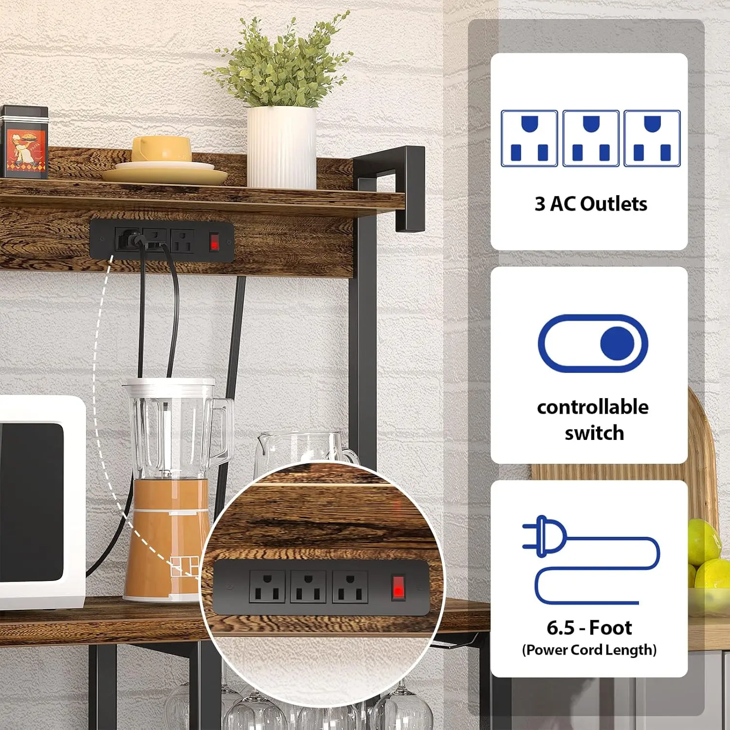Rack with Power Outlet, Microwave Stand, Kitchen Storage Shelf with Wire Basket, Coffee Bar Station Wine Gl