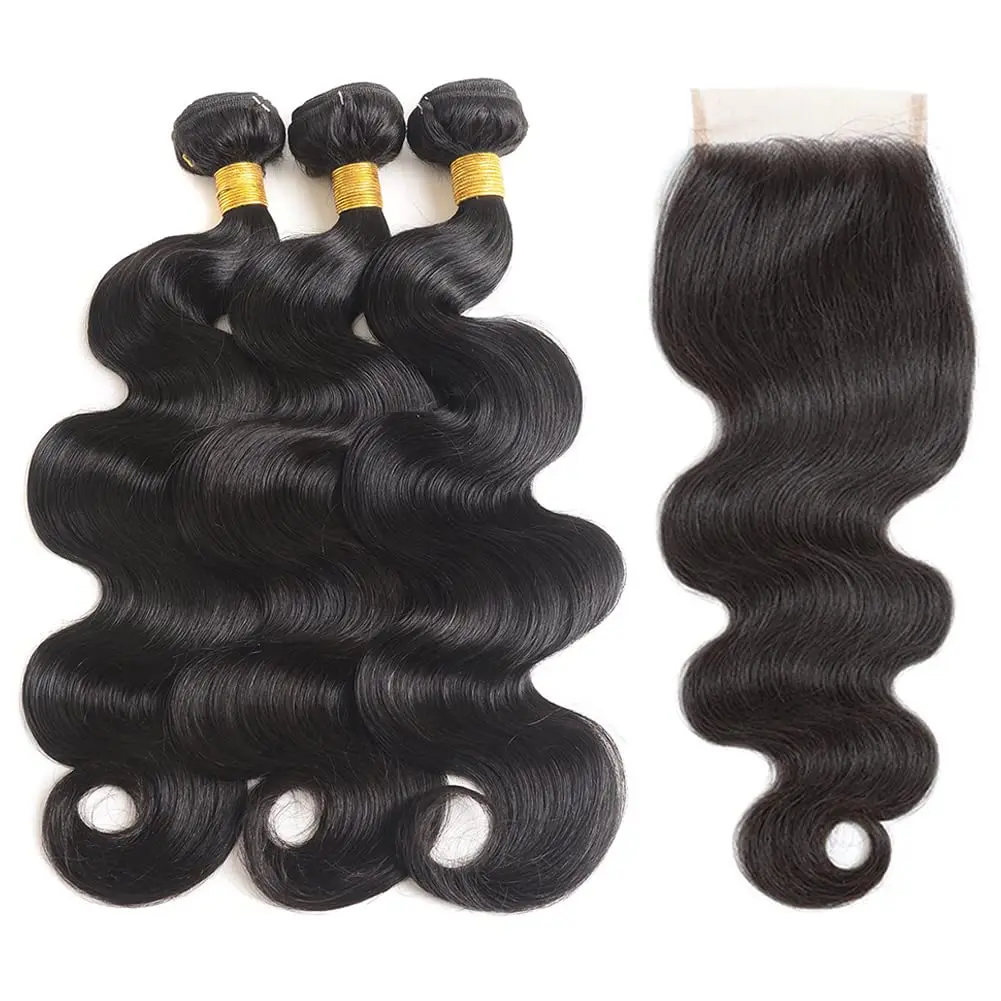 Human Hair 3 Bundles with Closure Body Wave Brazilian Human Hair Bundles with 4x4 Lace Frontal Closure Human Hair Extension